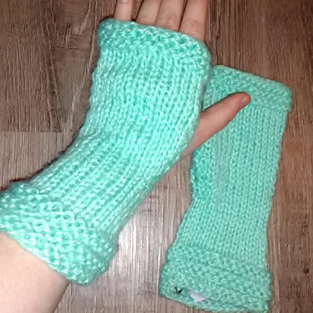 Handmade Knitted Arm Warmers Fingerless Mitts Aqua